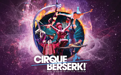 Acrobats performing at Cirque Berserk! show in Westend with vibrant costumes and dynamic poses.