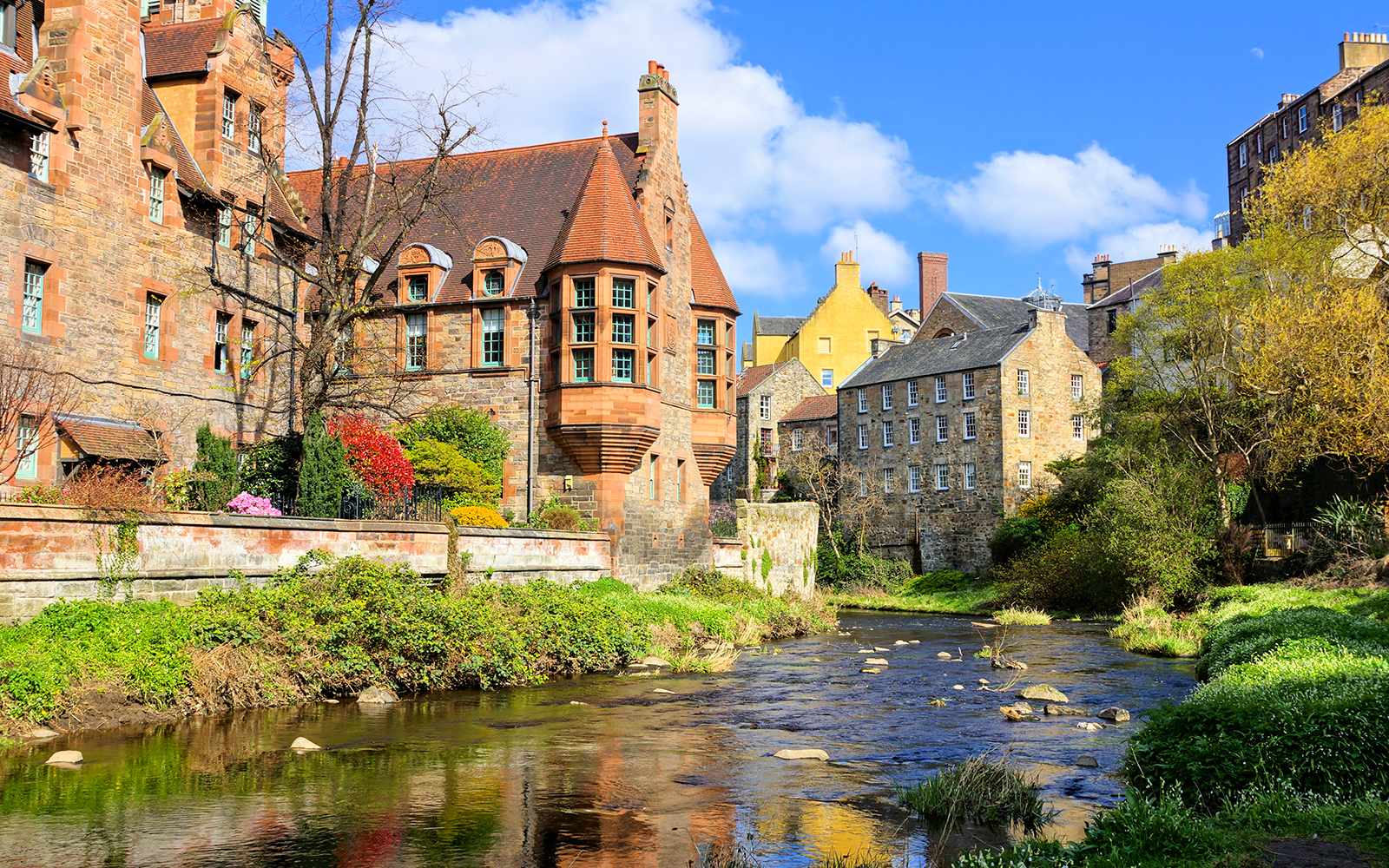 Dean Village, Edinburgh, Scotland historic buildings along Water of Leith walkway