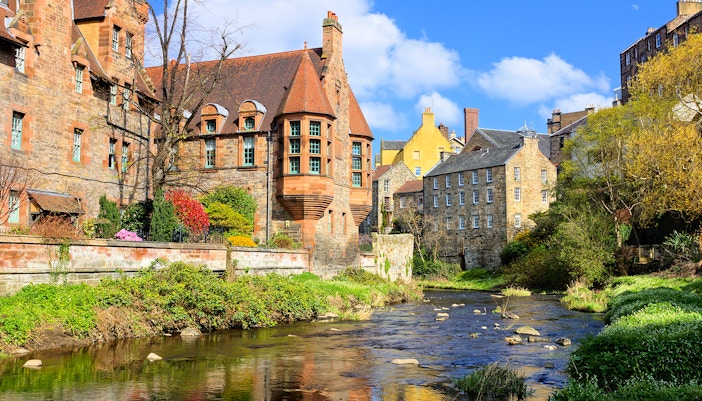 Dean Village, Edinburgh, Scotland historic buildings along Water of Leith walkway
