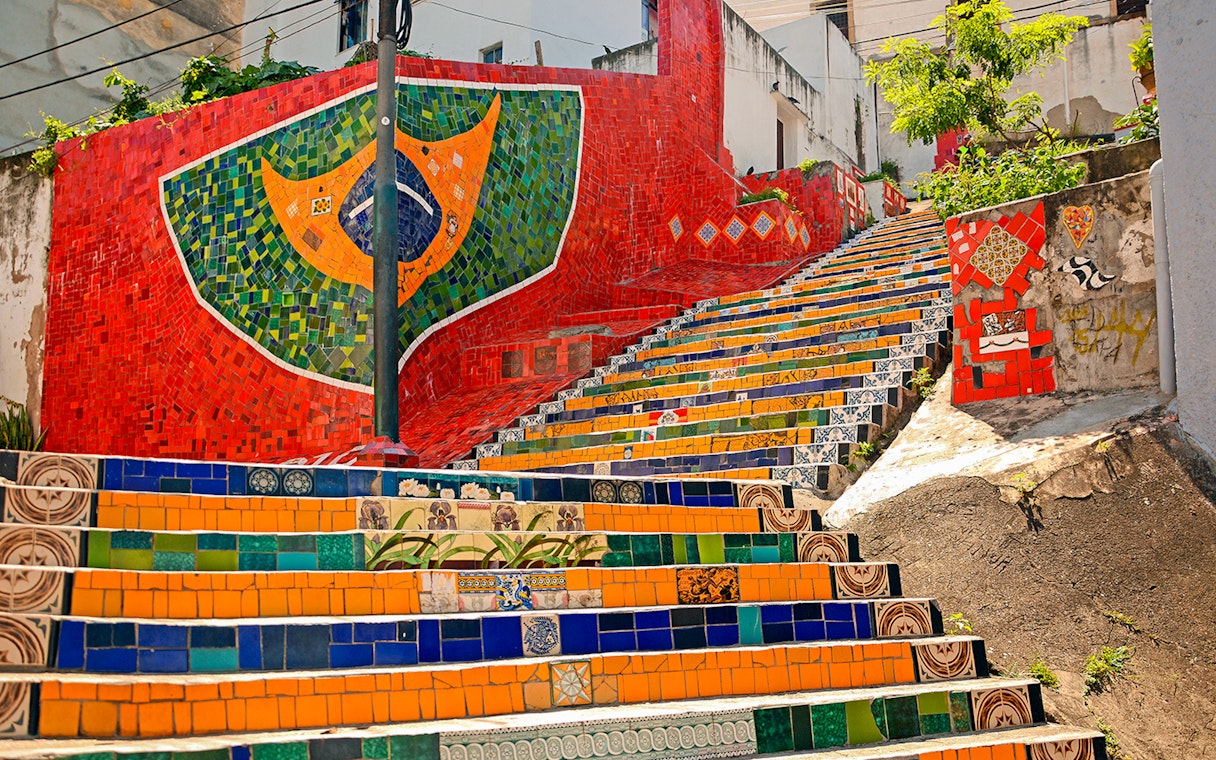Colorful tiled steps of Escadaria Selarón in Rio de Janeiro.