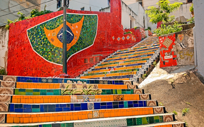 Colorful tiled steps of Escadaria Selarón in Rio de Janeiro.