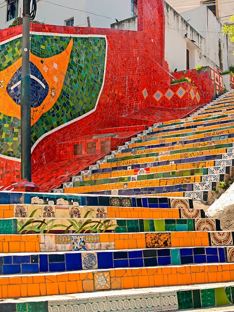 Colorful tiled steps of Escadaria Selarón in Rio de Janeiro.