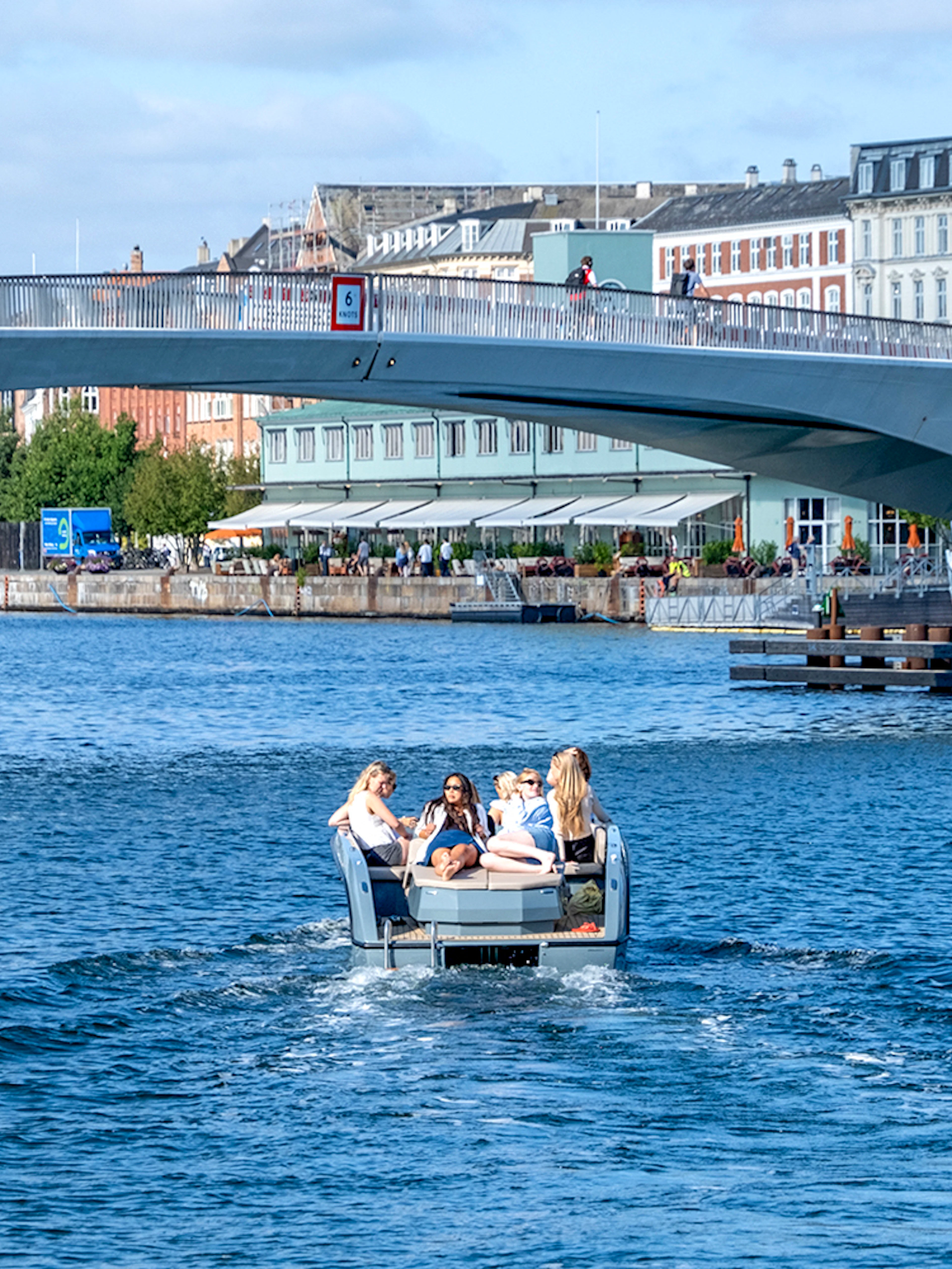 Guests on a boat tour in Copenhagen harbor, passing under a modern bridge.