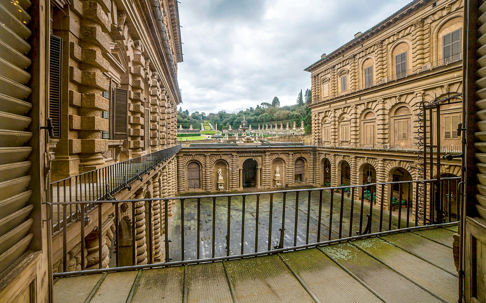 Pitti Palace courtyard view with Naumachia, Florence, Italy.