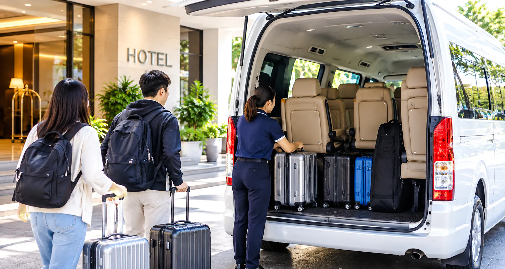 Travelers loading luggage into a van for Chiang Mai to Mae Hong Son private transfer.