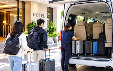 Travelers loading luggage into a van for Chiang Mai to Mae Hong Son private transfer.