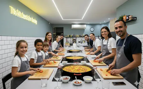 Participants preparing ingredients in a paella, tapas, and sangría cooking class in Barcelona.