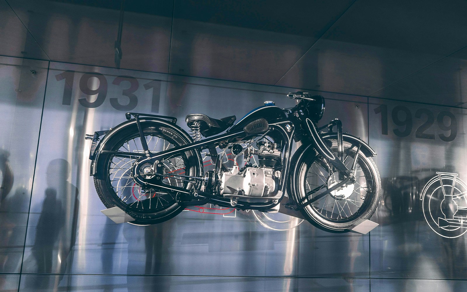 Vintage motorcycle display at a museum with 1931 in the background.