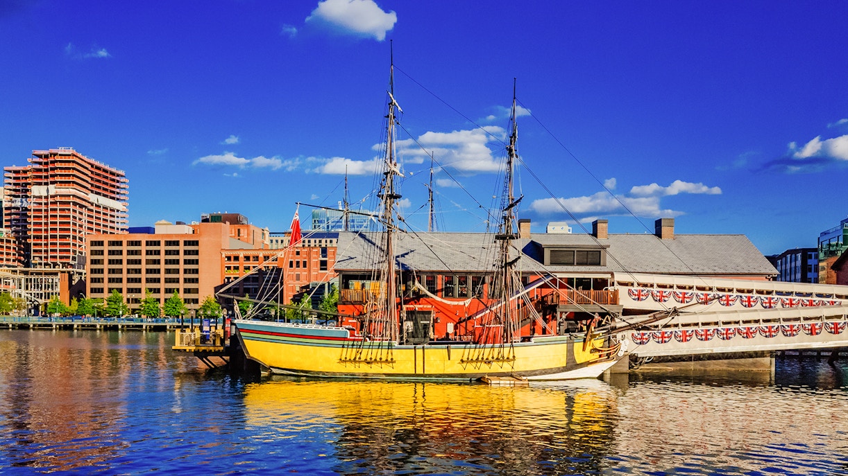 Boston Tea Party Ship docked at the museum over Fort Point Channel, Boston, USA.