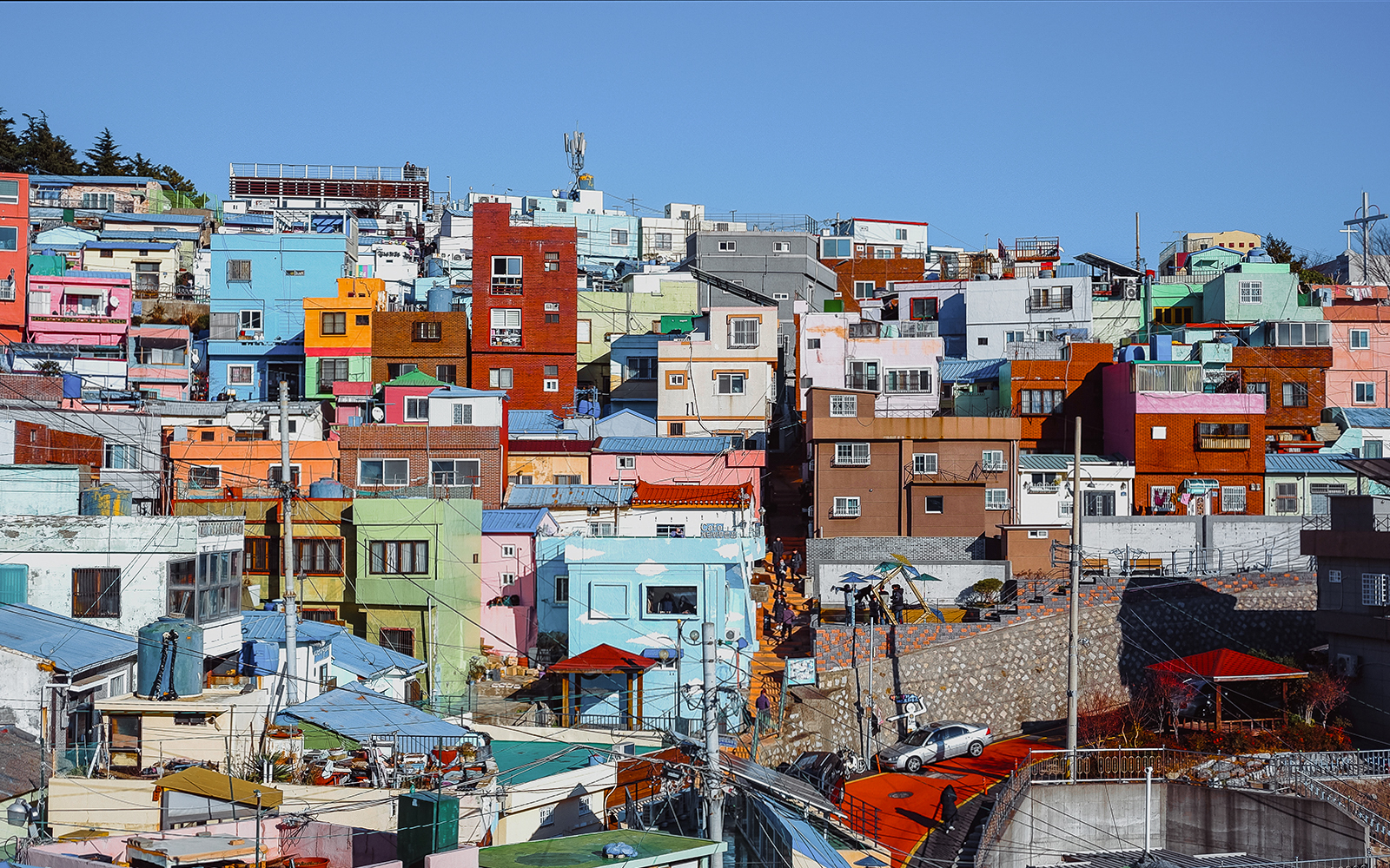Colorful houses in Gamcheon Culture Village, Busan, part of the Blueline Park Sky Capsule Tour.