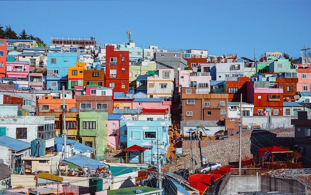 Colorful houses in Gamcheon Culture Village, Busan, part of the Blueline Park Sky Capsule Tour.