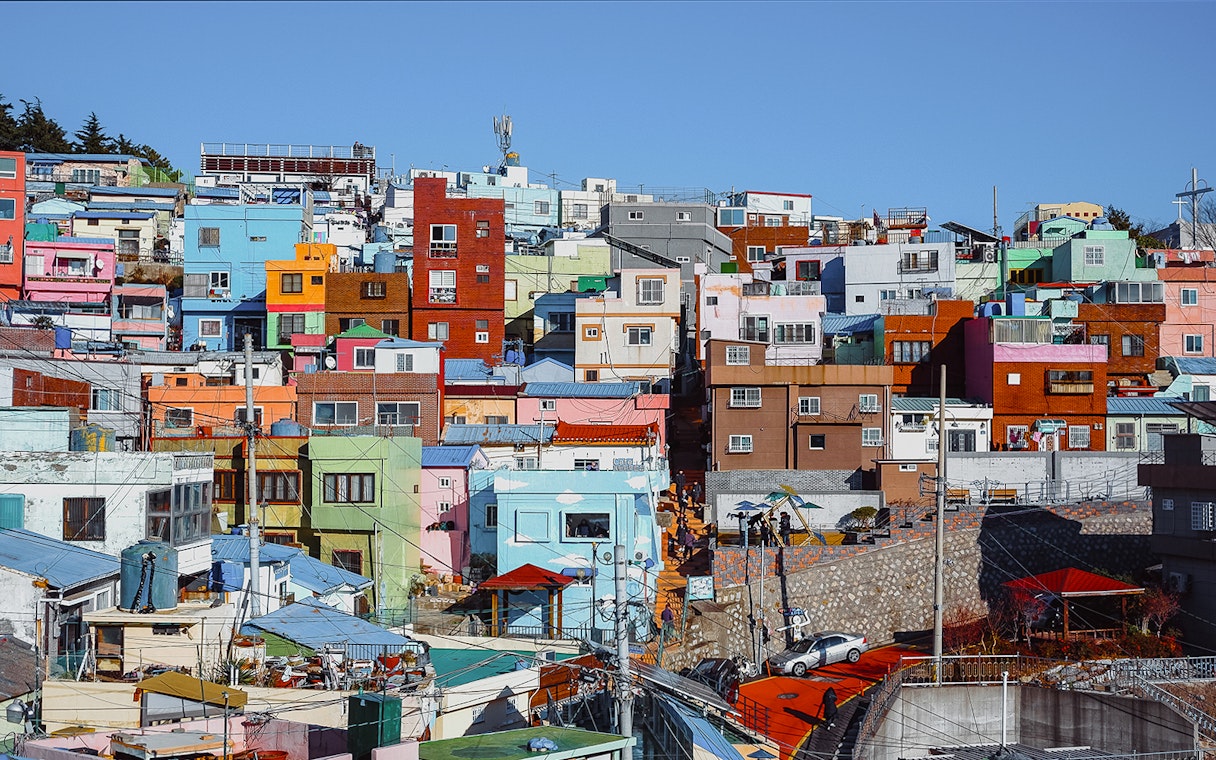 Colorful houses in Gamcheon Culture Village, Busan, part of the Blueline Park Sky Capsule Tour.