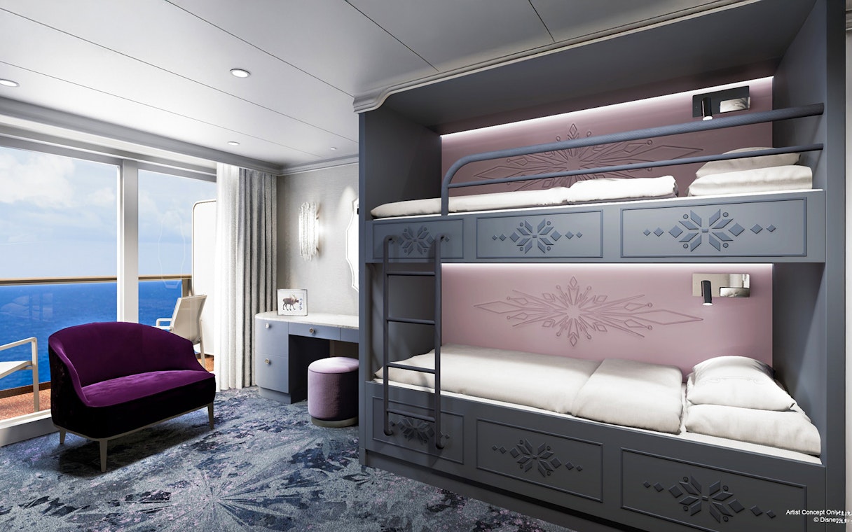 Concierge Royal Suite with bunk beds and oceanview verandah on Disney Adventure Cruise.
