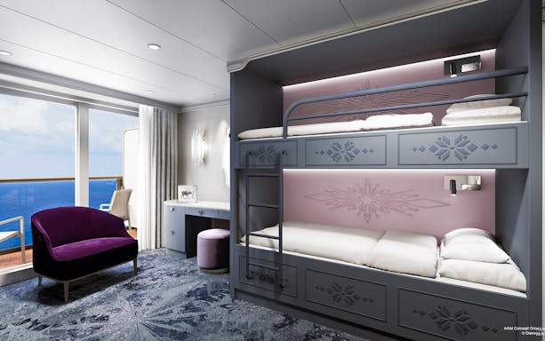 Concierge Royal Suite with bunk beds and oceanview verandah on Disney Adventure Cruise.