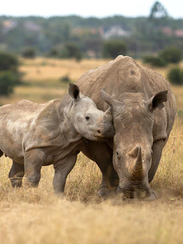 Baby rhinoceros with adult rhino in Nairobi National Park, Kenya.