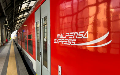 Malpensa Express train at Milan Cadorna Station platform.