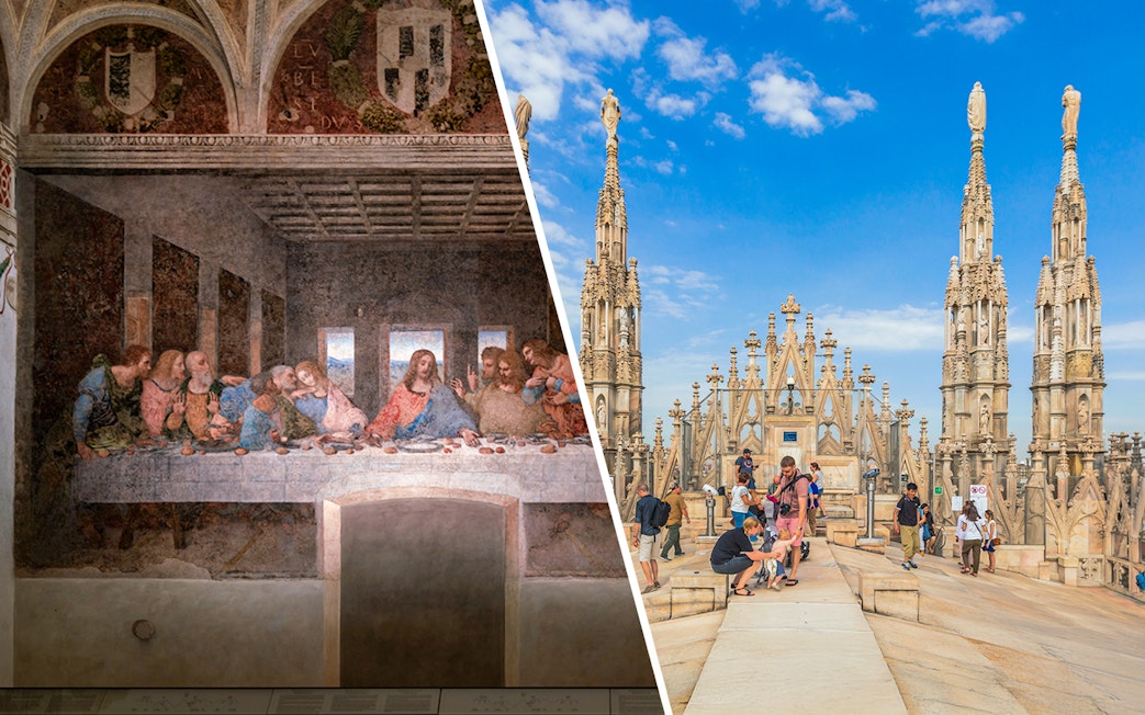 Visitors viewing Da Vinci's Last Supper and exploring Milan's Duomo rooftop.