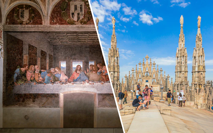 Visitors viewing Da Vinci's Last Supper and exploring Milan's Duomo rooftop.