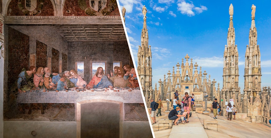 Visitors viewing Da Vinci's Last Supper and exploring Milan's Duomo rooftop.