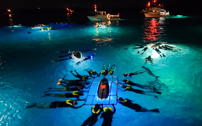 Snorkelers in illuminated water during Big Island Manta Ray Night Snorkel, Hawaii.