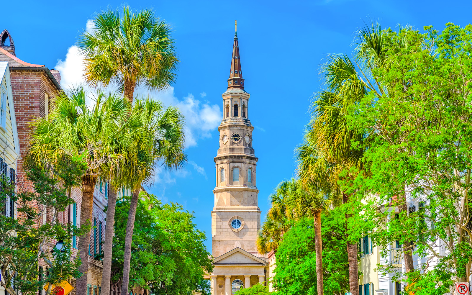 Charleston city tour featuring historic church steeple and palm trees.
