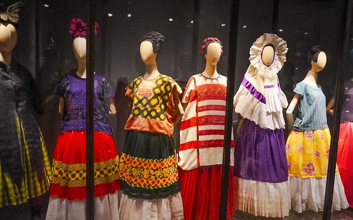 Traditional Mexican dresses on display at the Frida Kahlo Museum in Mexico City.