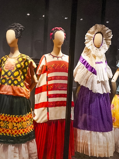 Traditional Mexican dresses on display at the Frida Kahlo Museum in Mexico City.
