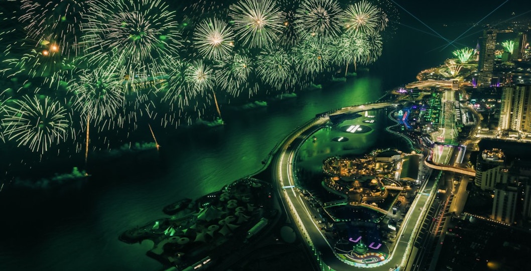 Fireworks over Jeddah Corniche Circuit during Formula 1 Jeddah Grand Prix 2026.