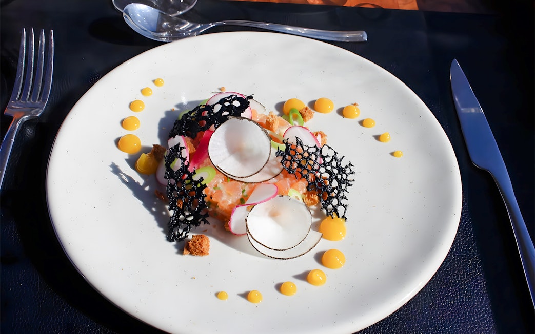 Elegant dish with radish slices and decorative black lace on a white plate, served in Bustronome Paris.