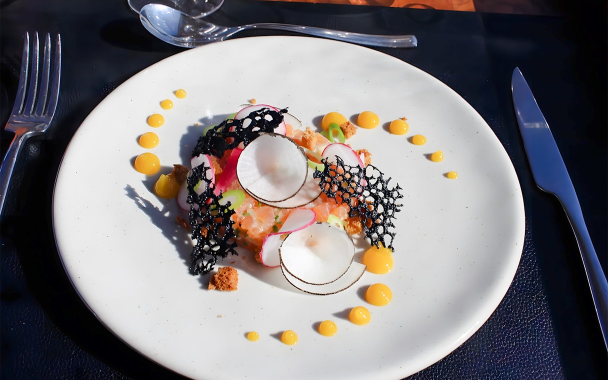 Elegant dish with radish slices and decorative black lace on a white plate, served in Bustronome Paris.