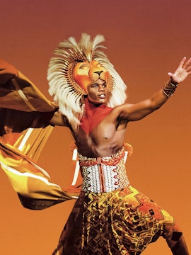 Performer in vibrant costume from a theatrical production, showcasing dynamic pose.