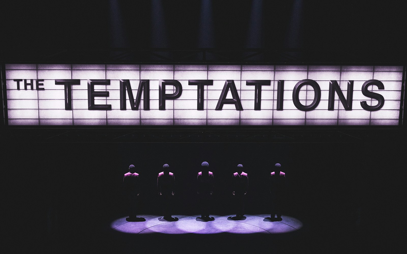 The Temptations stage performance with marquee sign, Ain't Too Proud musical.