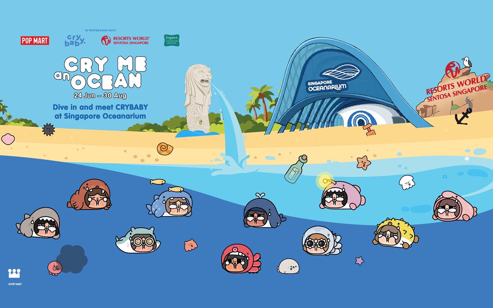 Cartoon characters swimming near Singapore Oceanarium with Merlion statue and Resorts World Sentosa.