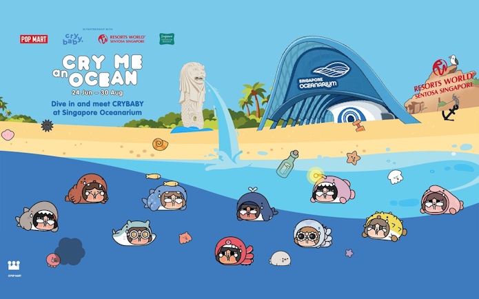 Cartoon characters swimming near Singapore Oceanarium with Merlion statue and Resorts World Sentosa.