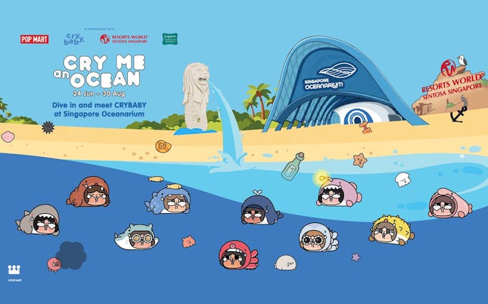 Cartoon characters swimming near Singapore Oceanarium with Merlion statue and Resorts World Sentosa.