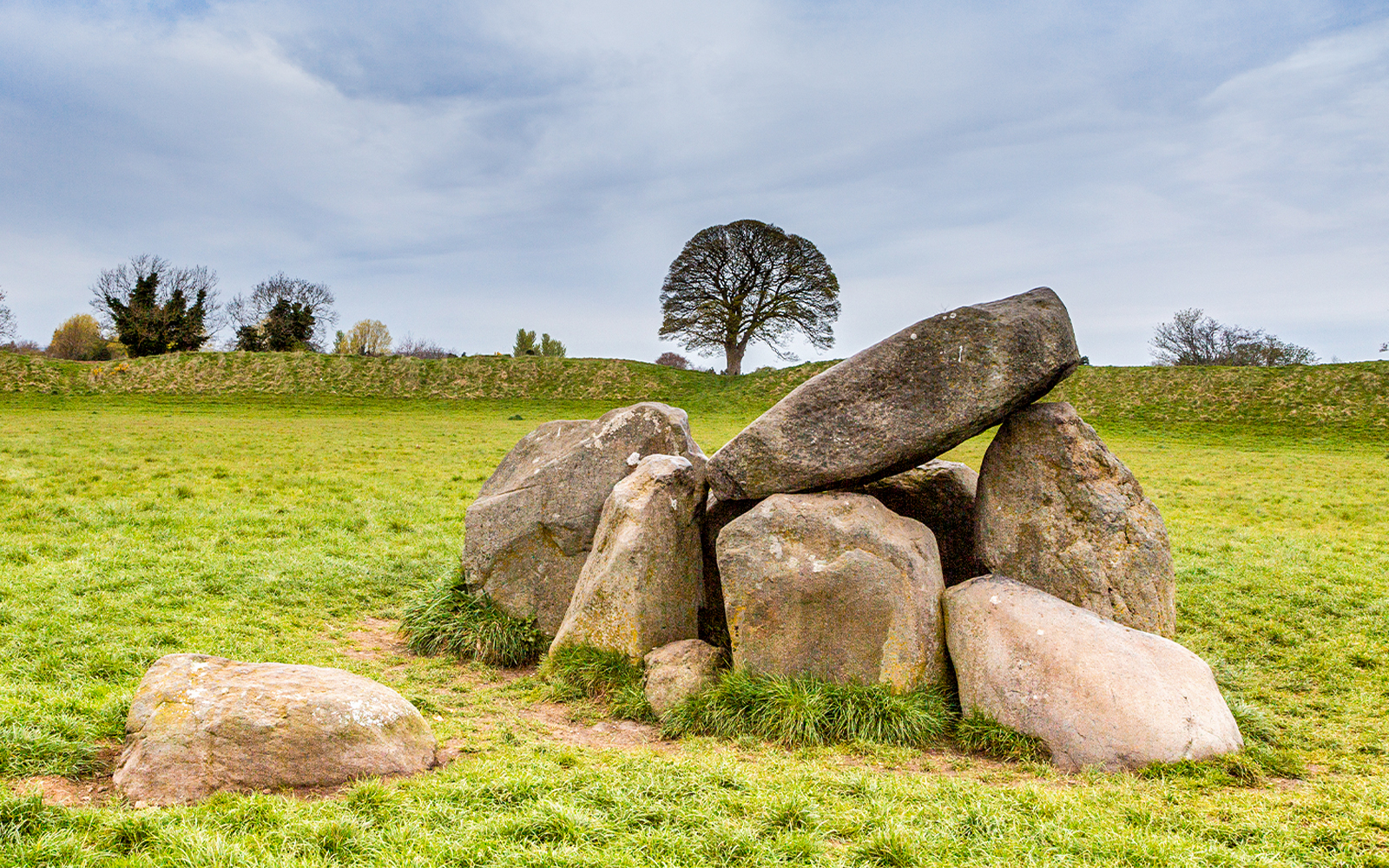 Neolithic dolmen at Giant's Ring, Belfast, surrounded by lush greenery.