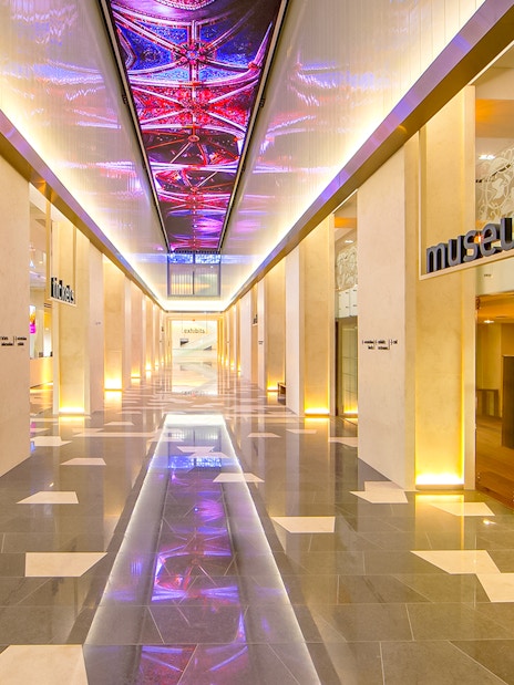 Museum of the Bible entrance hall with illuminated ceiling and museum shop, Washington DC.