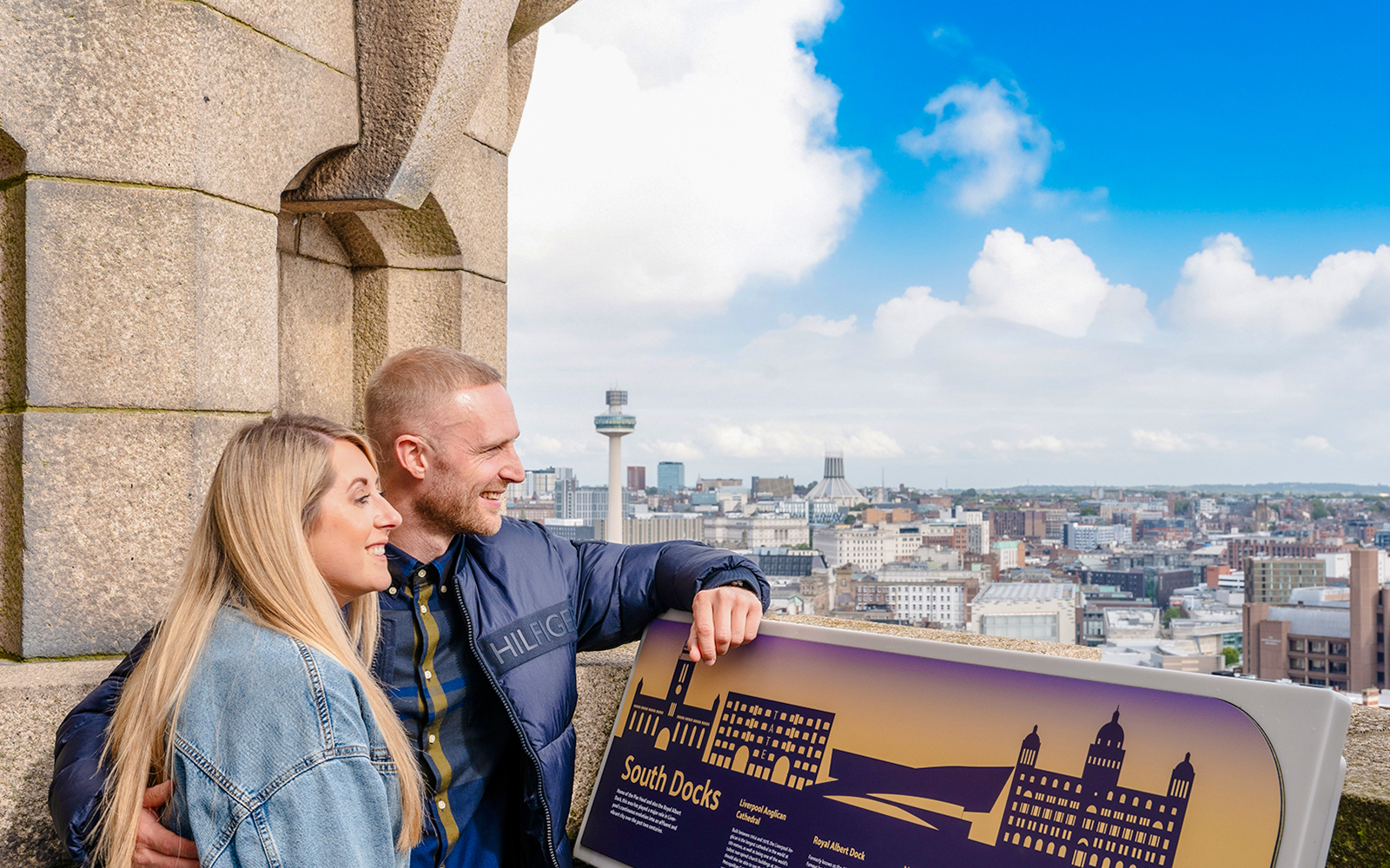 Guests enjoying the view from the Royal Liver Building in Liverpool.