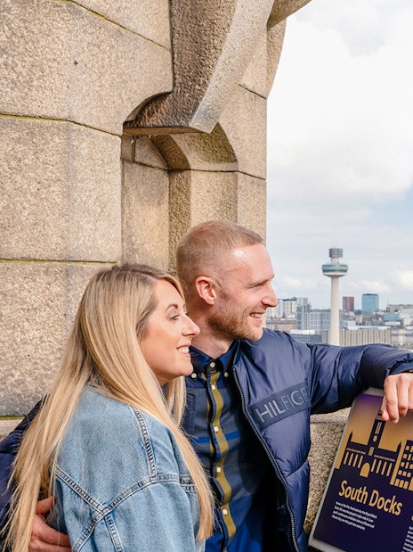 Guests enjoying the view from the Royal Liver Building in Liverpool.