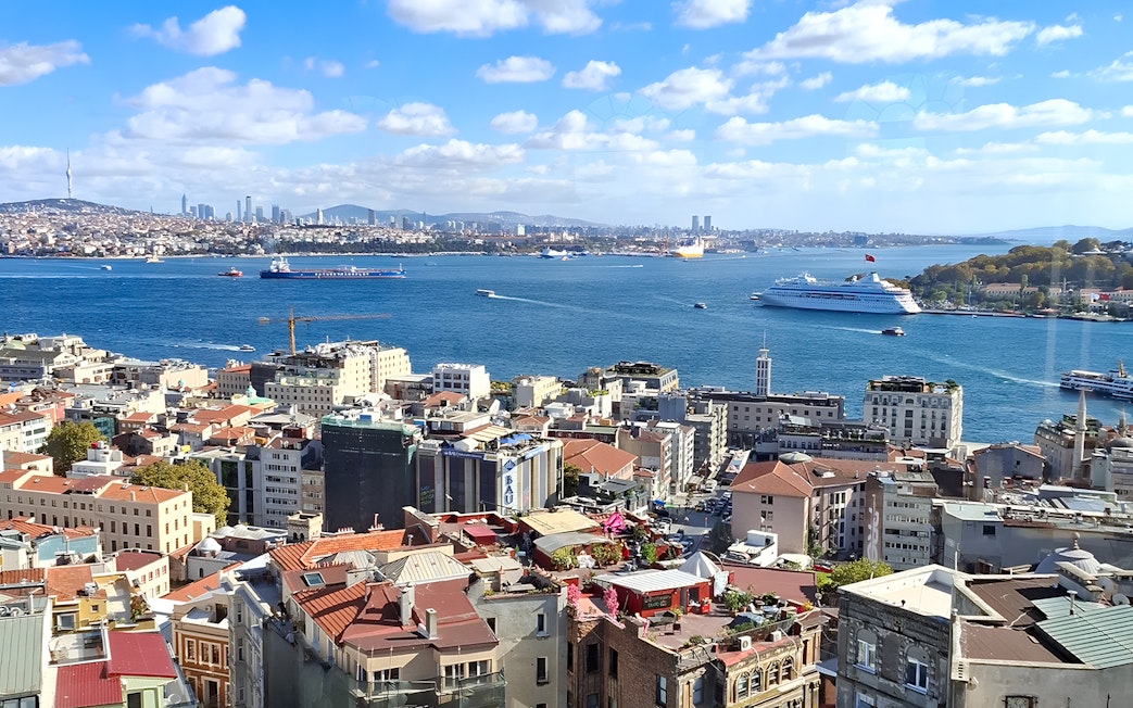 View of Istanbul skyline and Bosphorus from Galata Tower, with ships and cityscape.