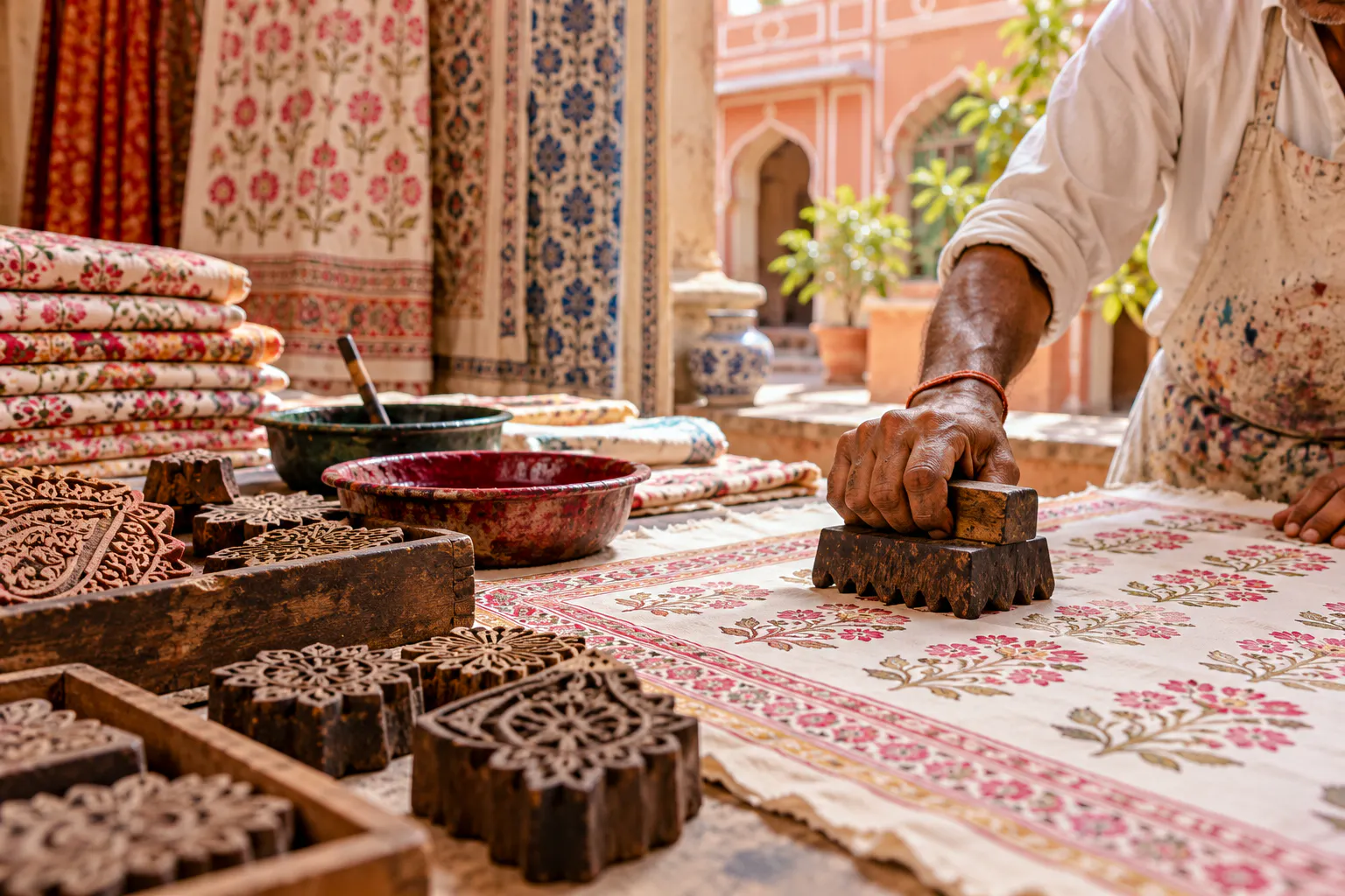 Block printing on fabric during Jaipur private shopping tour.