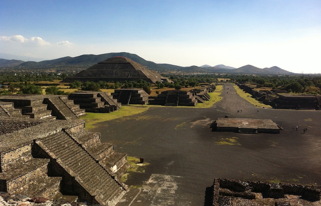 Teotihuacan Pyramids along Avenue of the Dead, Mexico, showcasing ancient Mesoamerican architecture.