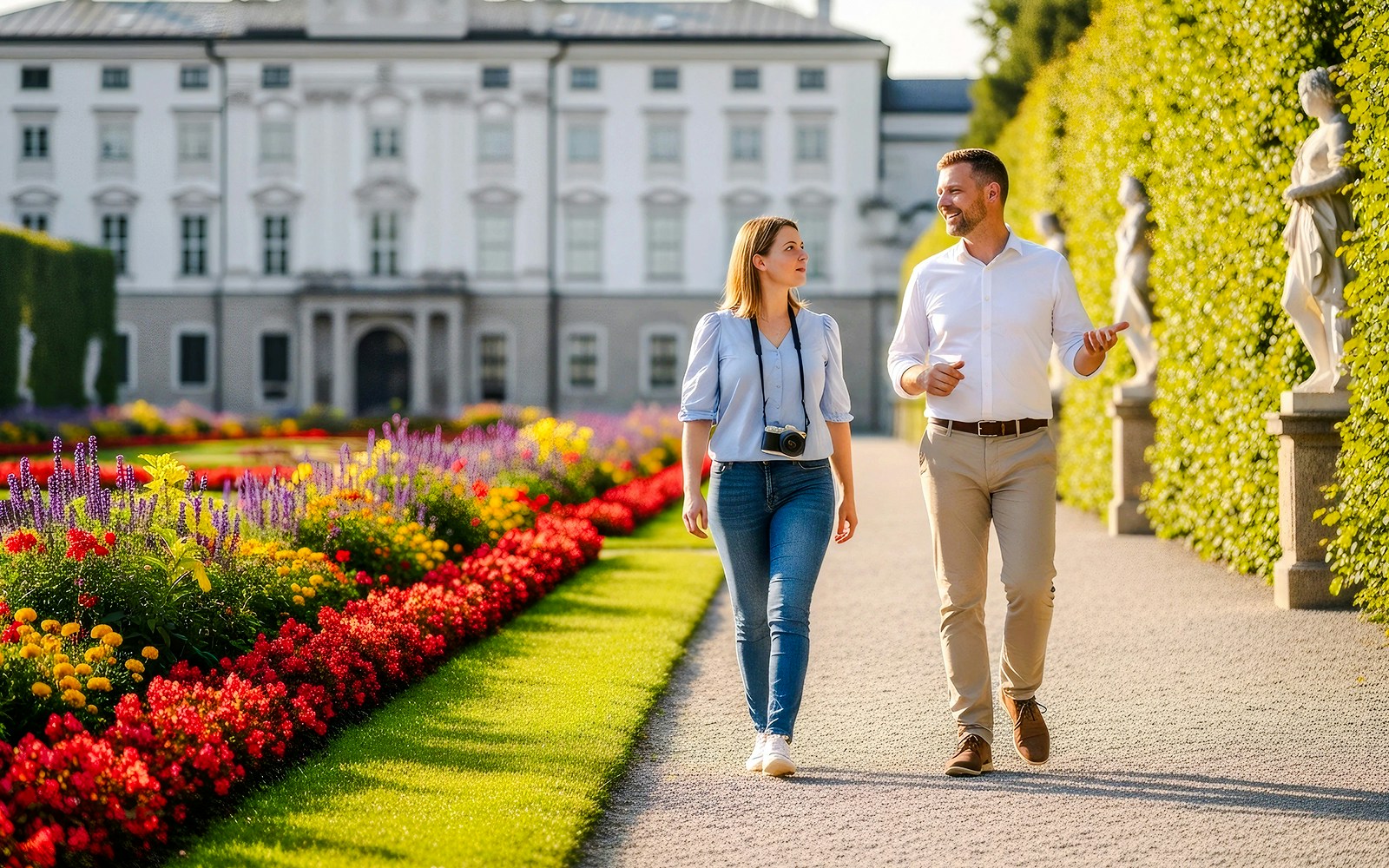 Strolling through Mirabell Gardens on a guided tour, with vibrant flower beds and statues.