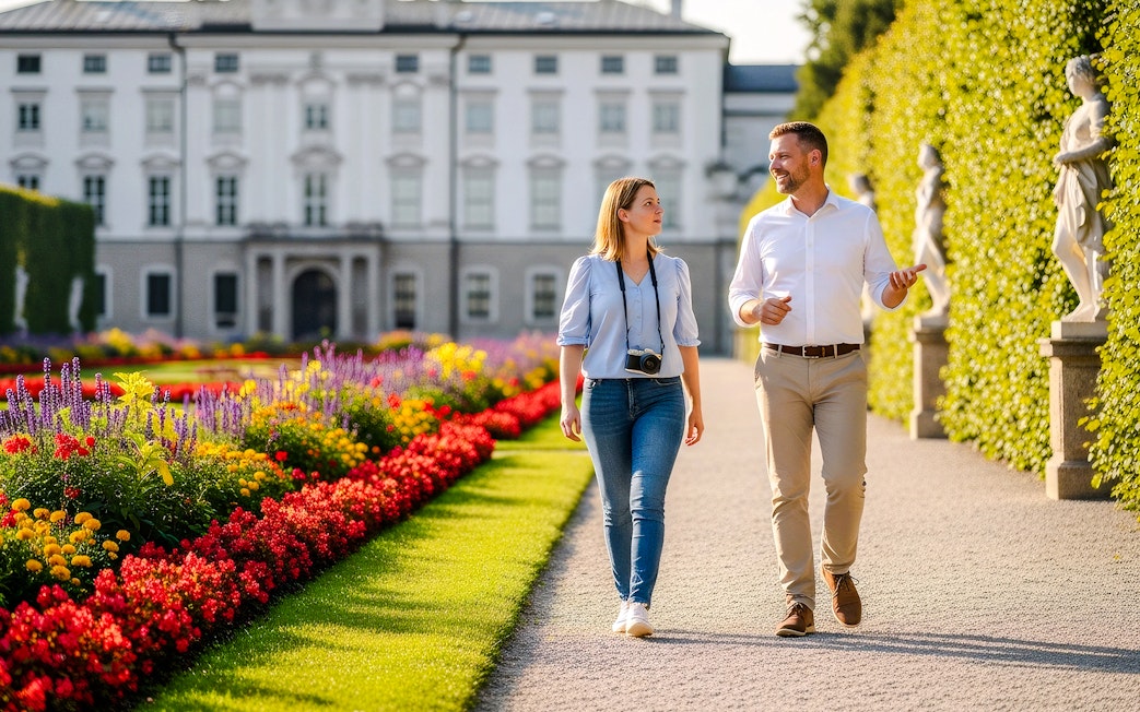 Strolling through Mirabell Gardens on a guided tour, with vibrant flower beds and statues.