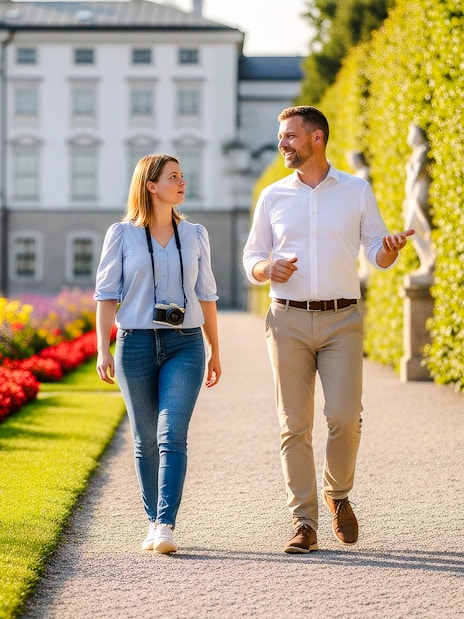 Strolling through Mirabell Gardens on a guided tour, with vibrant flower beds and statues.