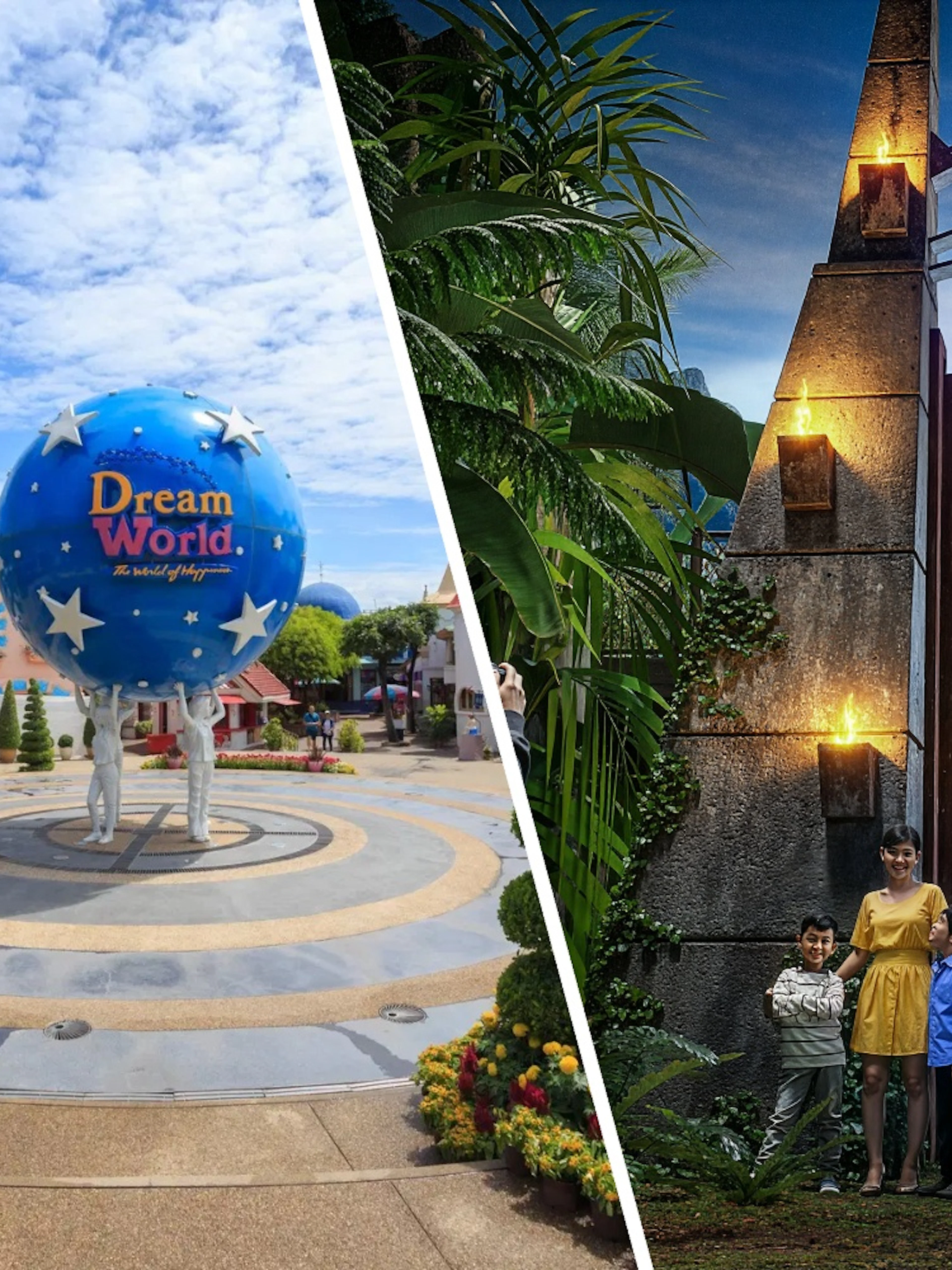 Dream World Bangkok entrance and Jurassic World: The Experience with dinosaur figures.