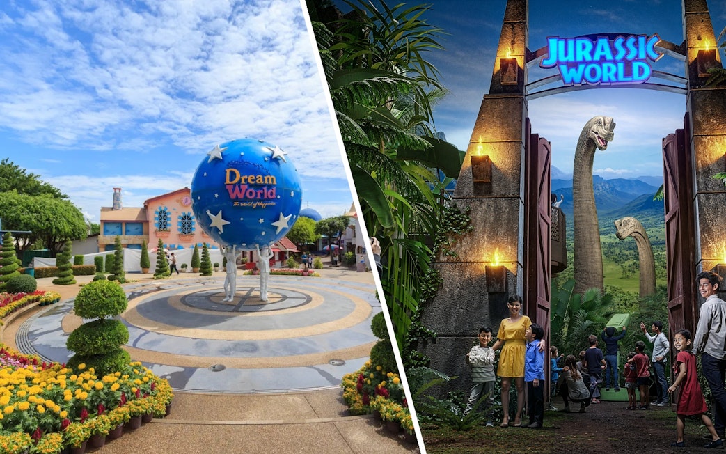 Dream World Bangkok entrance and Jurassic World: The Experience with dinosaur figures.