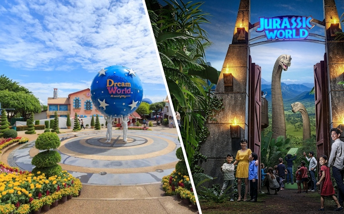 Dream World Bangkok entrance and Jurassic World: The Experience with dinosaur figures.