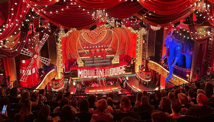 Guests watching a vibrant show at the Moulin Rouge in Paris.