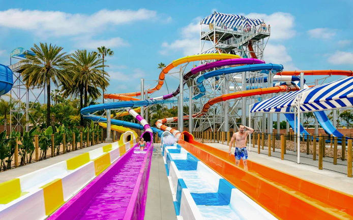 Water slides and palm trees at Knott's Soak City water park.